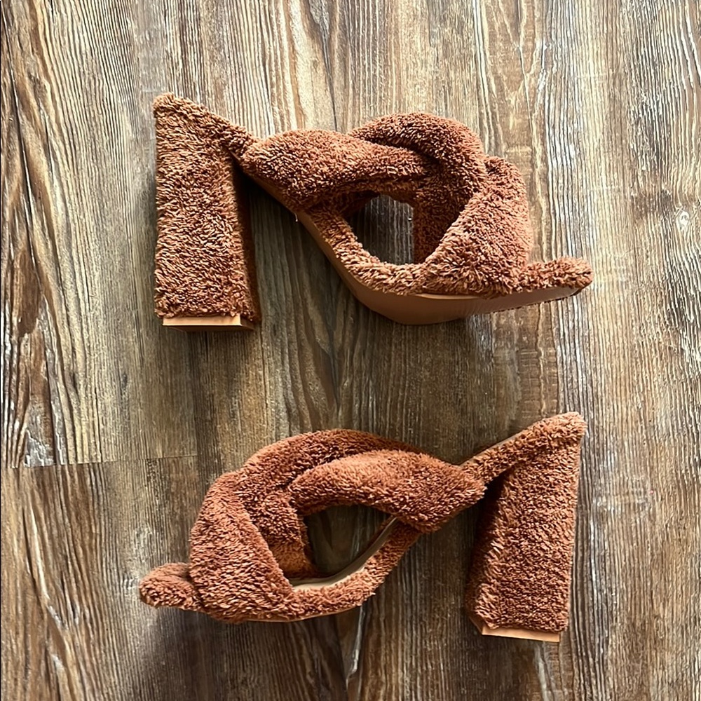 Pretty Little Thing Brown Fuzzy Strappy Neutral Block Square Toe Heels